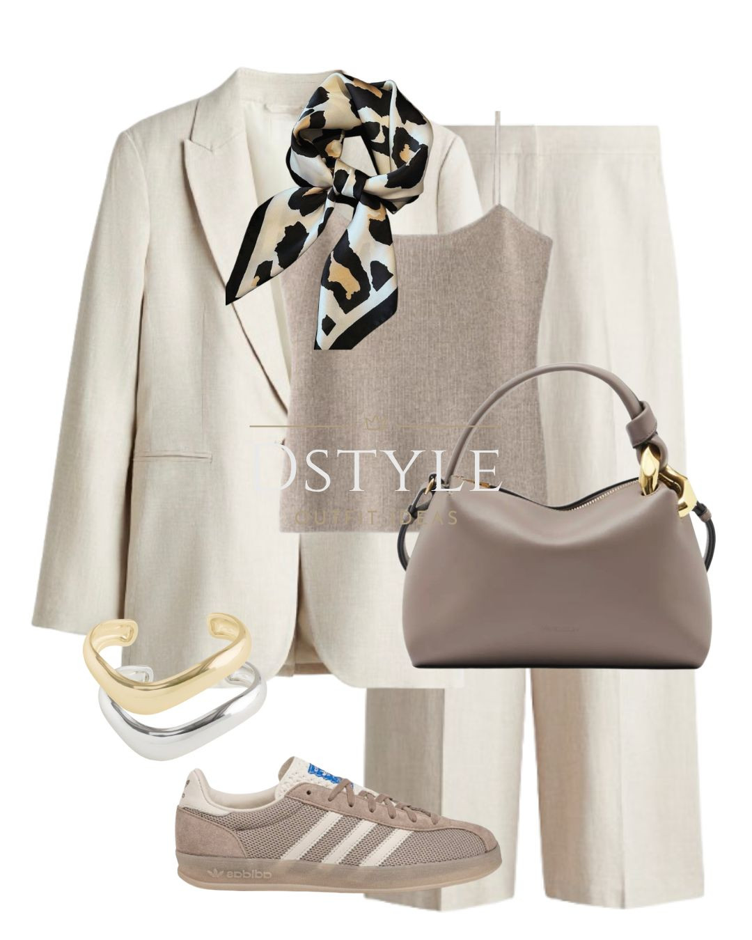 Light beige linen-blend blazer, light beige wide linen-blend trousers, nougat top, taupe bag, Adidas Gazelle Indoor Pro sneakers 

 

#LTKStyleTip #LTKWorkwear #LTKShoeCrush