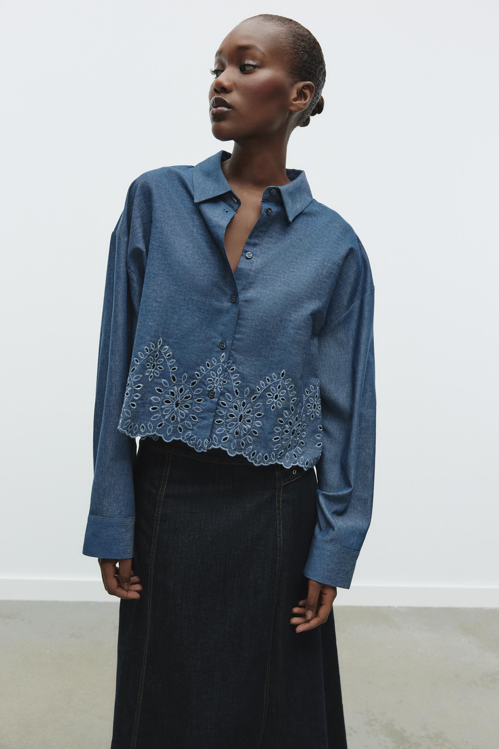 EMBROIDERED EYELET CROPPED SHIRT | Zara US