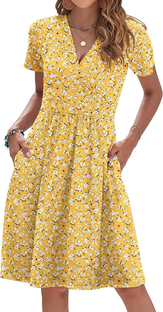 AUSELILY Womens Summer Dresses 2025 Short Sleeve V Neck Floral Sundress with Pockets | Amazon (US)