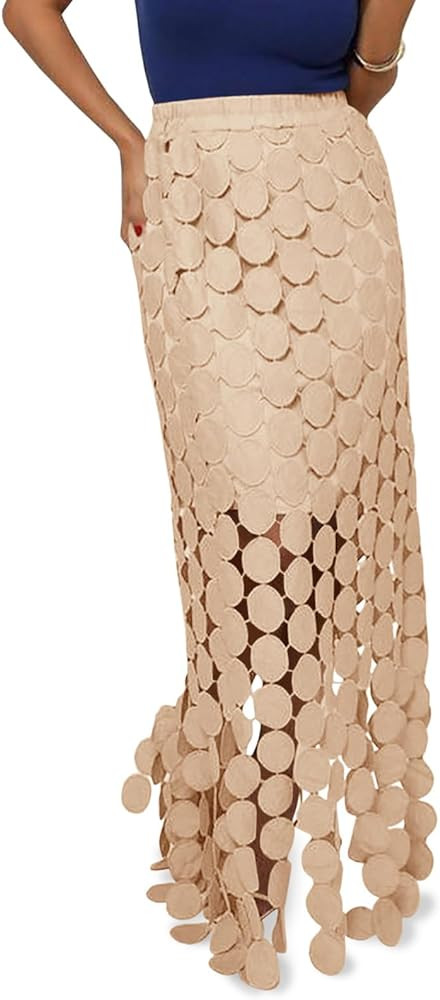 Cicy Bell Womens Hollow Out Maxi Skirts Summer High Waisted Boho Fringe Hem Long Skirt | Amazon (US)