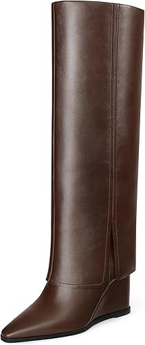 MUCCCUTE Women's Fold Over Shark Knee High Boots Wedge Heel Tall Boots Pointed Toe Full Side Zipp... | Amazon (US)