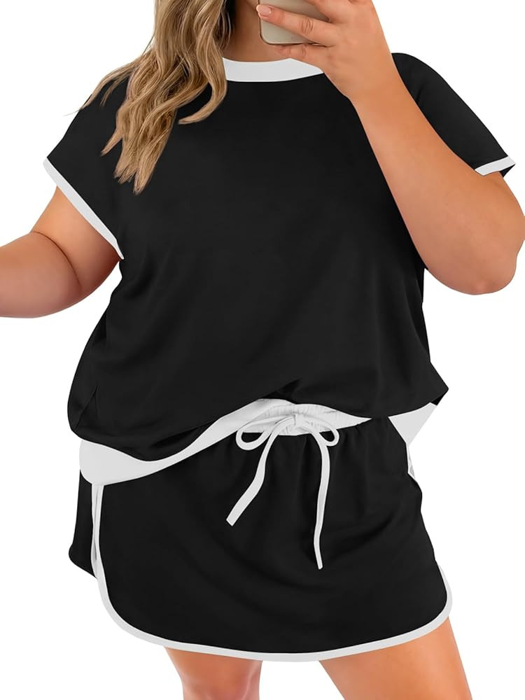 Beautife Womens Plus Size 2 Piece Shorts Set Summer Short Sleeve Color Block Shirts and Skort Cas... | Amazon (US)