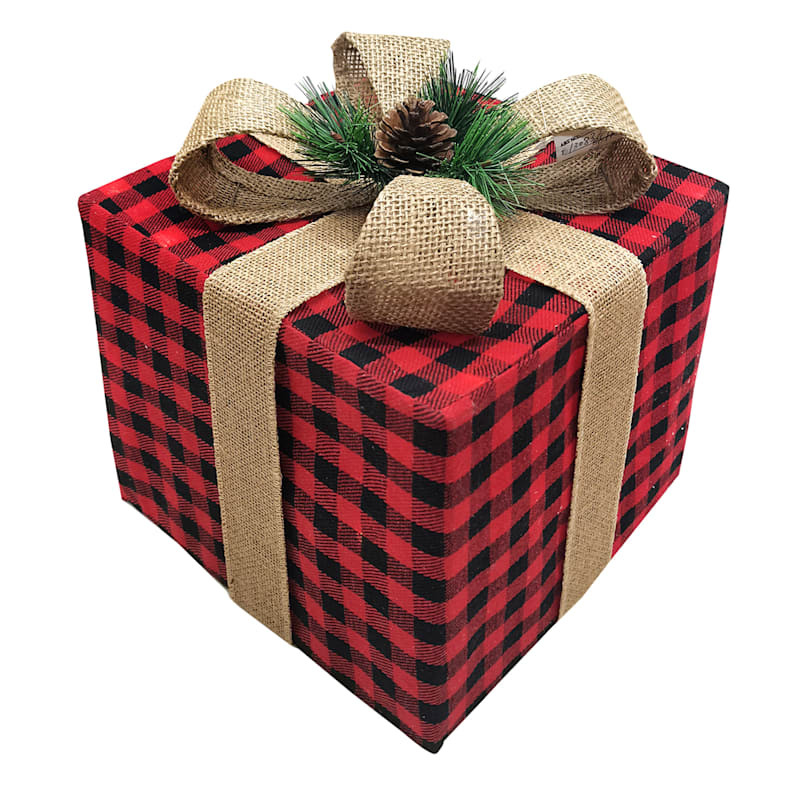 Large LED Red Buffalo Plaid Gift Box Decor, 10" | At Home