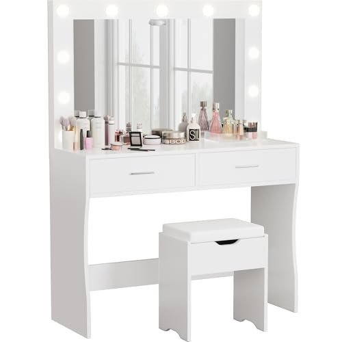 Furmax Vanity Desk Set with Large Lighted Mirror, 35.4 Inch Makeup Vanity Table with 2 Drawers, Cushioned Storage Stool, 3 Lighting Modes Brightness Adjustable, Dressing Table for Bedroom (White) | Amazon (US)