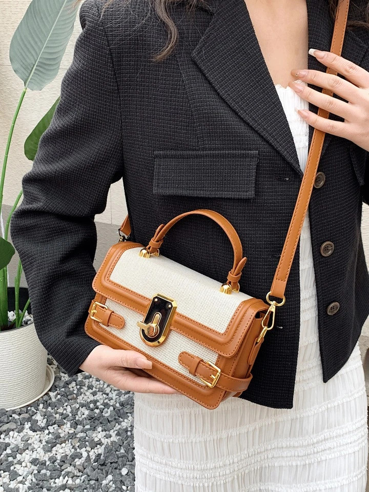 Fashionable,Minimalist,Casual,Small Square Bag Buckle Decor Colorblock Top Handle For Girl, Teen ... | SHEIN