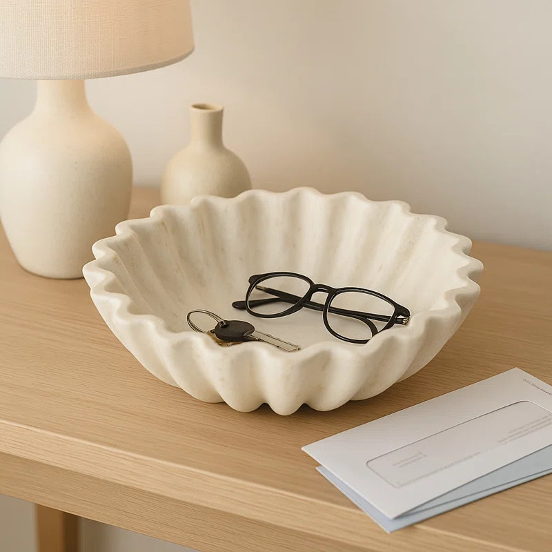 Pottery & Paper Mache Decorative Bowl - Modern Glam Fluted Design - 13" Ivory & Tan Accent For Ho... | Wayfair North America