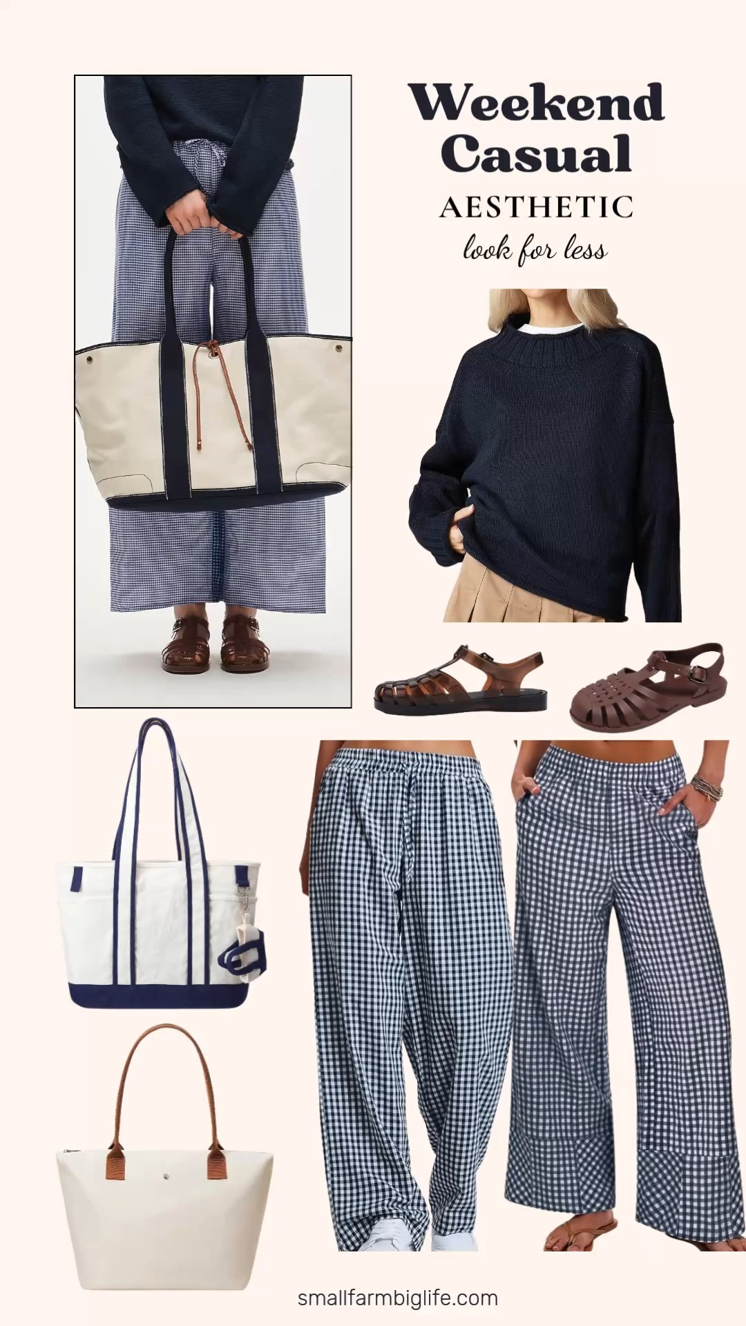 Wide leg gingham pants are one of my favorite trends right now and the navy and white combination is so classic and easy to style. Pair them with an oversized chunky knit roll neck sweater in navy for a cozy but put together look that works for a cool summer morning or an evening out. The brown jelly fisherman sandals are such a fun and unexpected shoe with this outfit and the neutral nylon tote or canvas tote with cup holder keeps everything practical and polished. This whole look comes together for so much less than you would expect. Tap to shop! 

 #LTKgrwm #LTKootd #LTKOver40