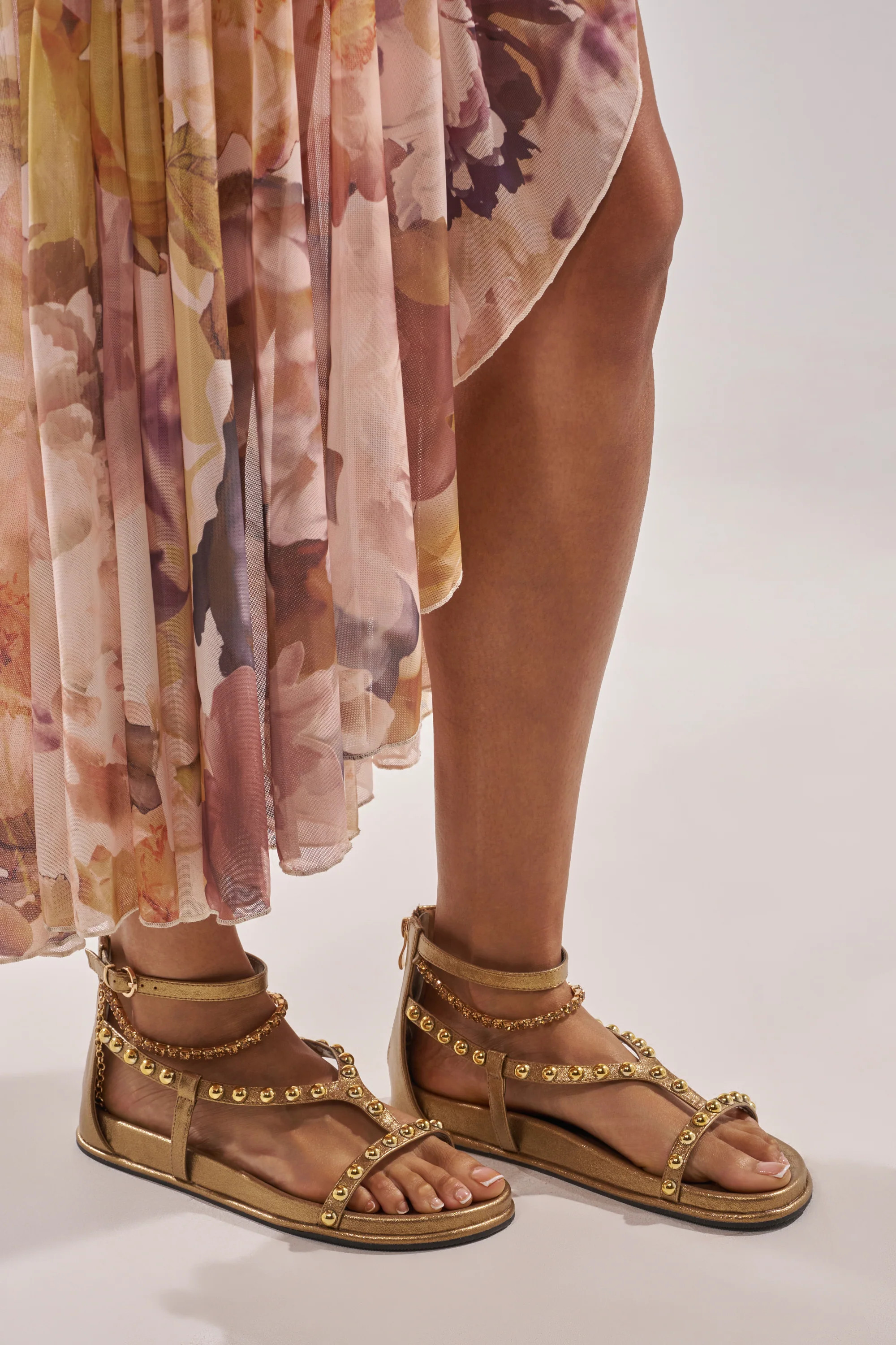 AKIRA GATO BRONZE GOLD METAL EMBELLISHED FLAT SANDAL | AKIRA