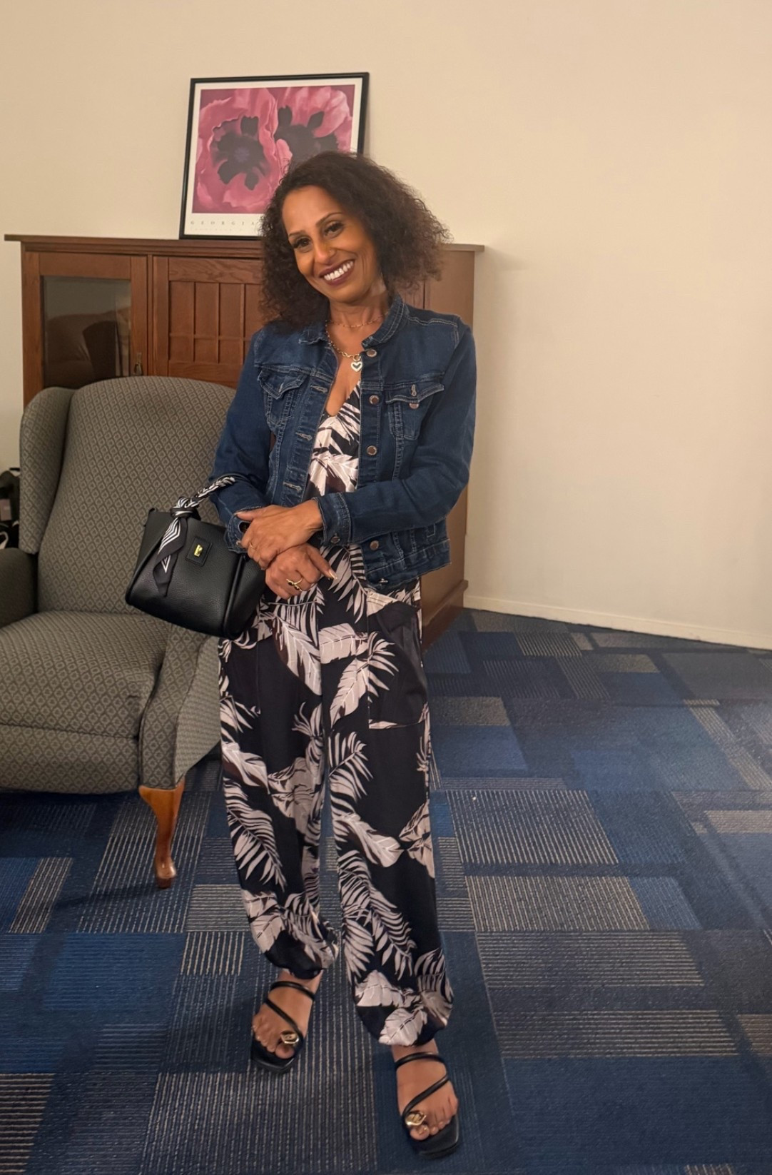 Friday Evening OOTD..
Casual, Chic and Fun

Jumpsuit and purse is Amazon 
Jacket is village vibes 
Sandals are Steve Madden

#LTKdayinmylife #LTKootd #LTKOver40