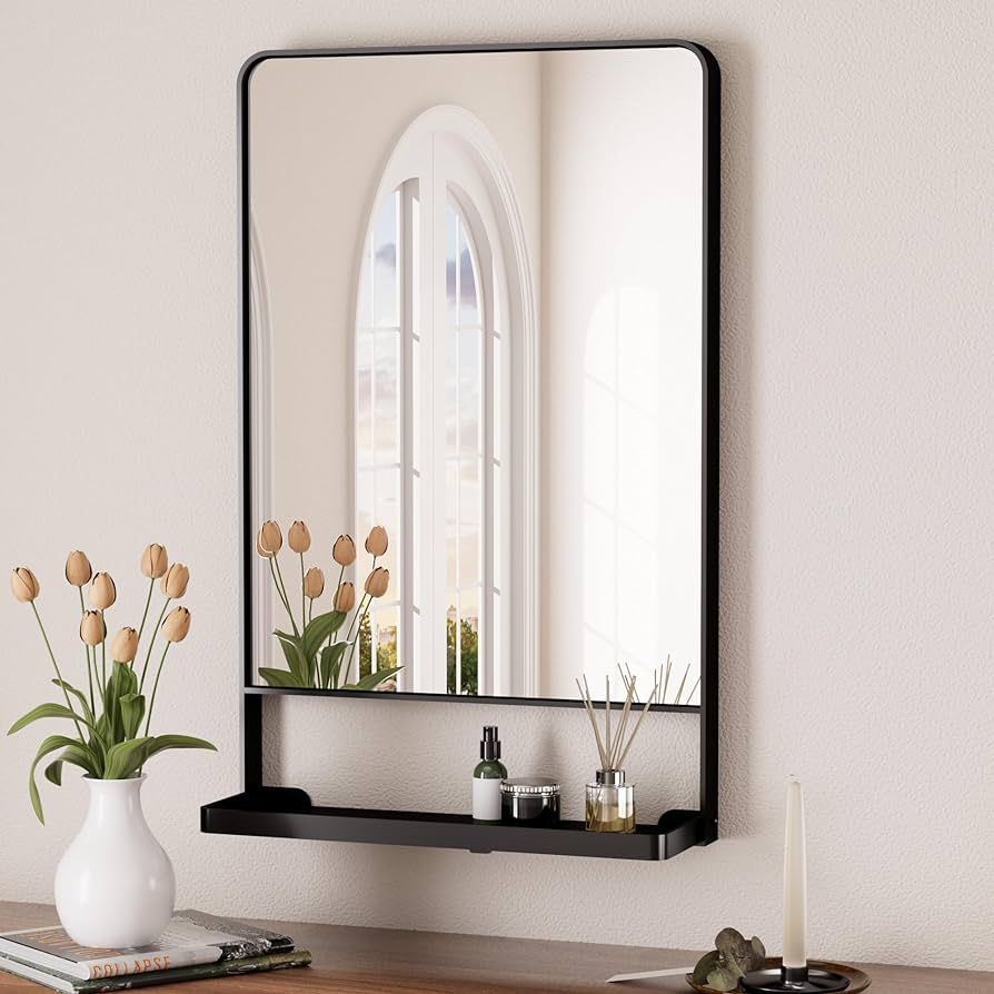 Keonjinn Black Bathroom Mirror with Shelf 18x28 Inch, Rectangle Metal Frame Bathroom Vanity Mirro... | Amazon (US)