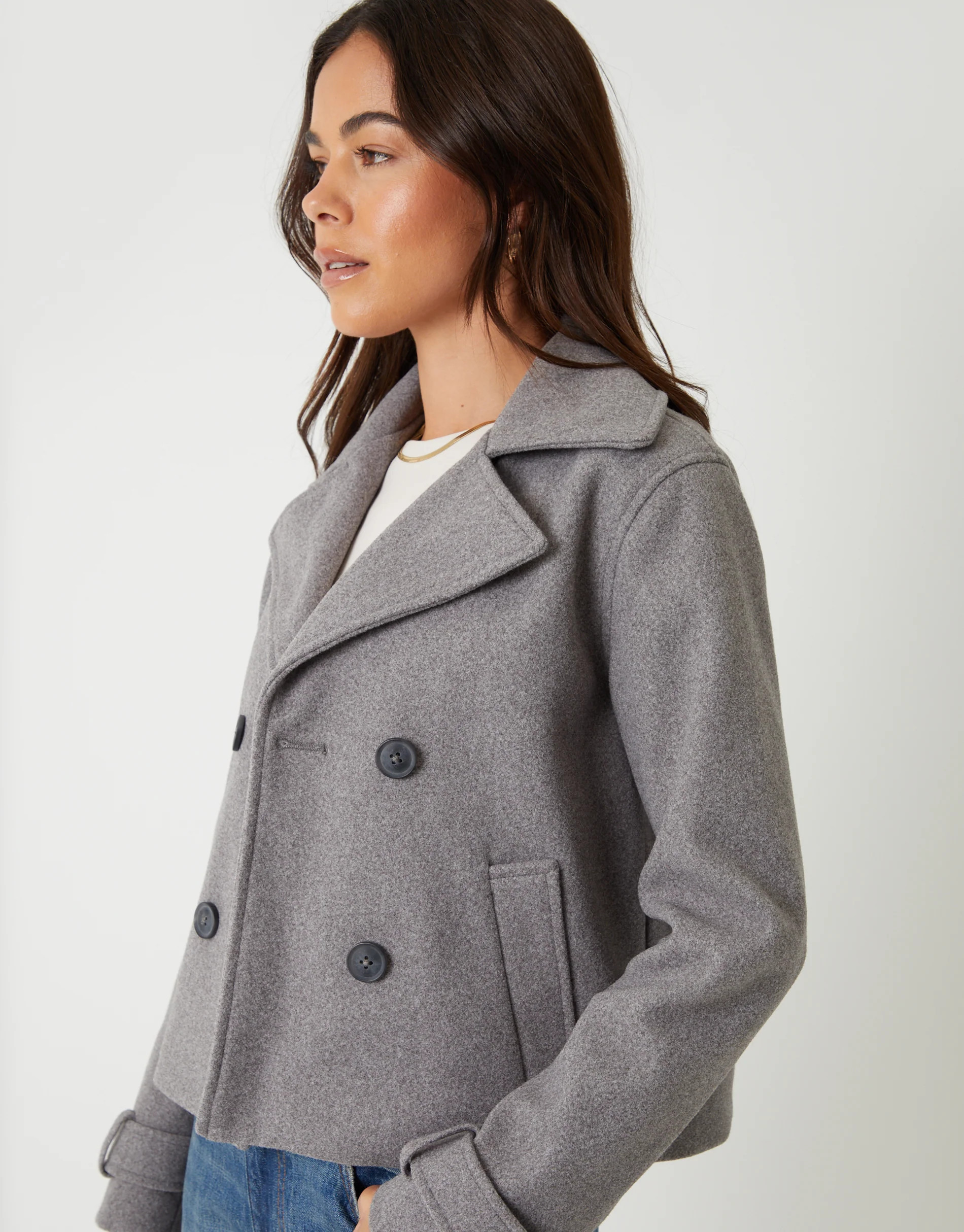 Grey Faux Wool Cropped Trench Coat | Threadbare