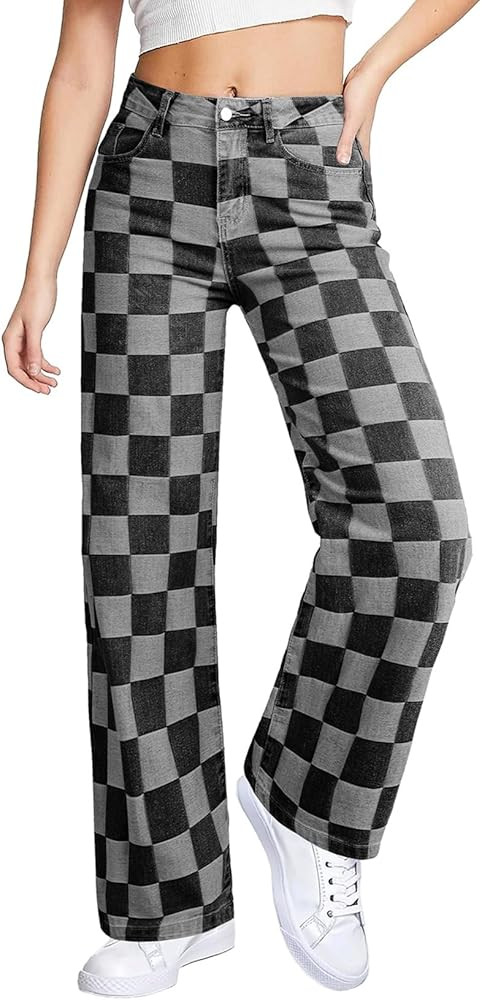 Sidefeel Women's Wide Leg Jeans High Waisted Stretchy Straight Leg Checkered Loose Denim Pants | Amazon (US)