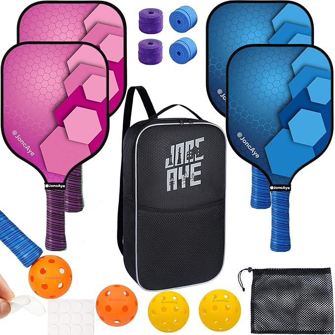 JoncAye Pickleball-Paddles-Set-of-4, Light Pickle-Ball-Paddle-Set with 4 Outdoor Indoor Balls, Pa... | Amazon (US)