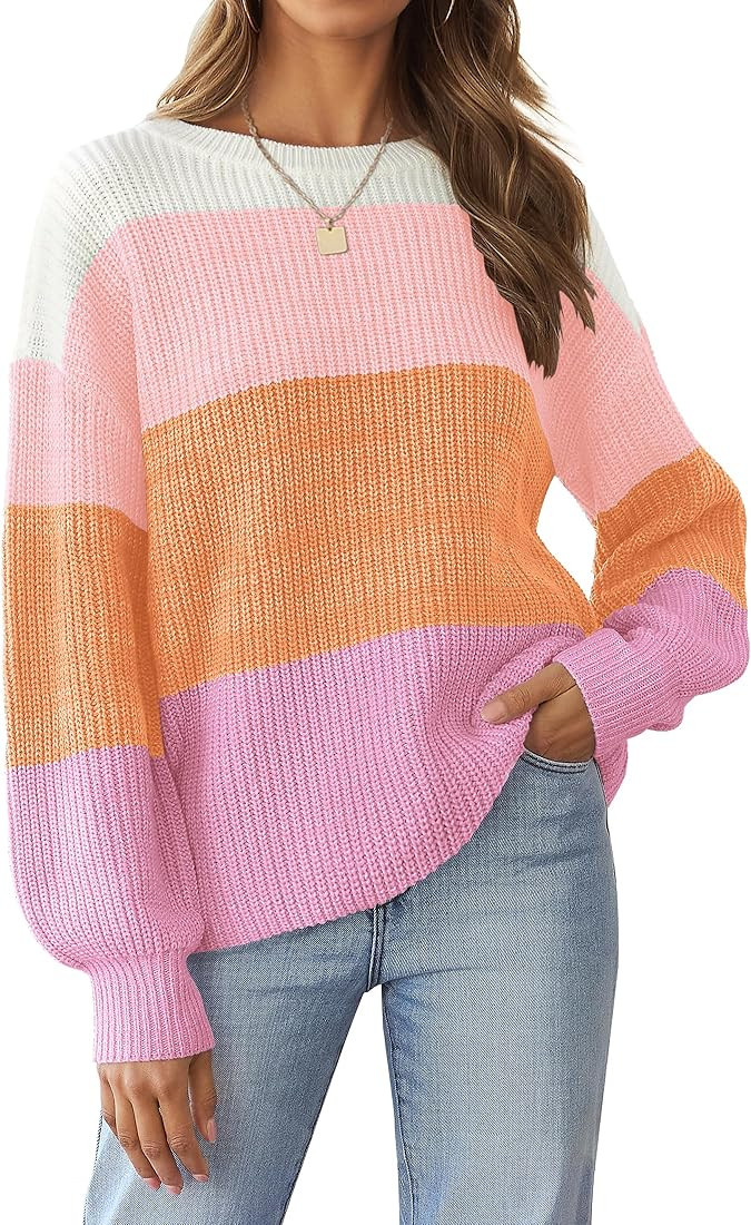 ZESICA Women's Casual Long Sleeve Crew Neck Striped Color Block Oversized Loose Fit Soft Knit Swe... | Amazon (US)