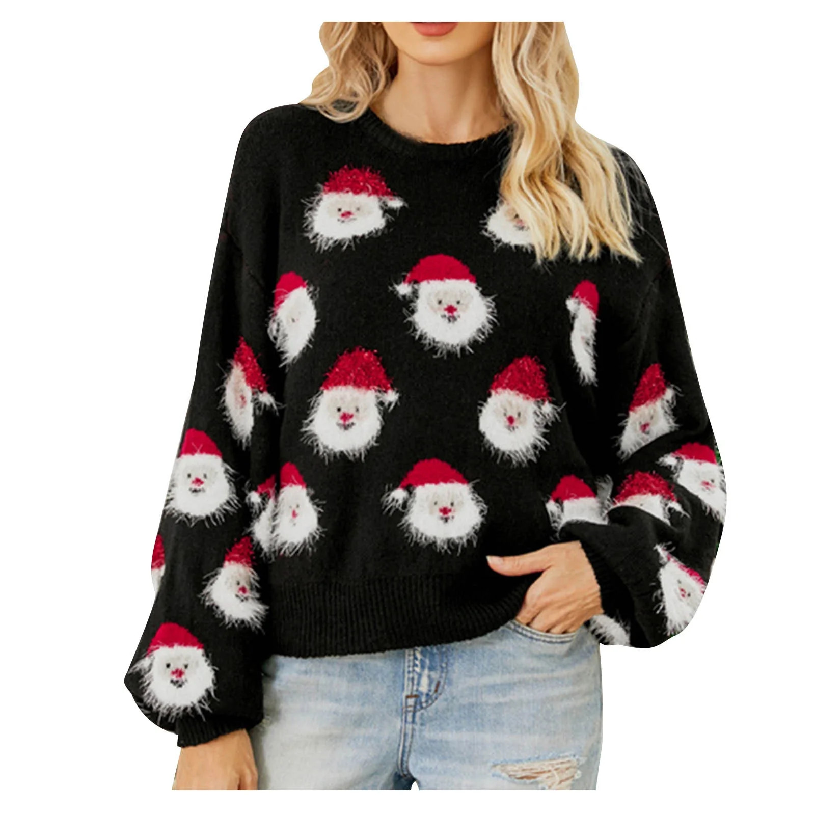 Odeerbi Christmas Sweaters For Women Santa Claus Print Round Neck 2025 Long Sleeve Tops Blue | Walmart (US)