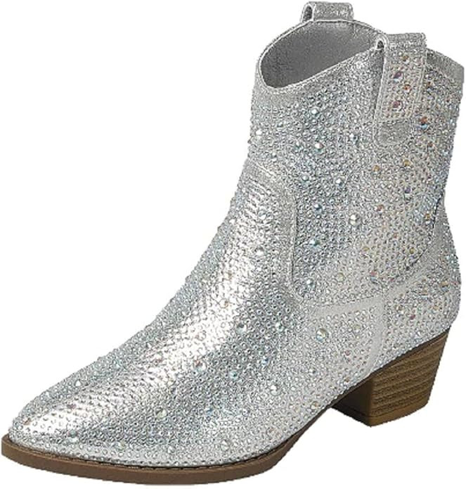TruFox Girls Cowgirl Cowboy Rhinestone Boots Ankle Low Heel Dress Kids Booties | Amazon (US)