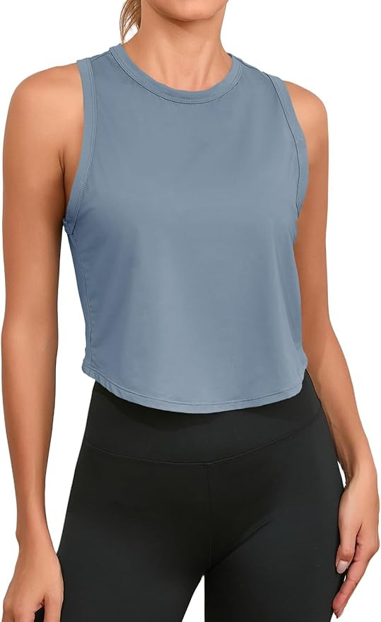 Fisoew Womens Workout Cropped Tank Tops Racerback Sleeveless Crewneck Running Yoga Active Shirts | Amazon (US)