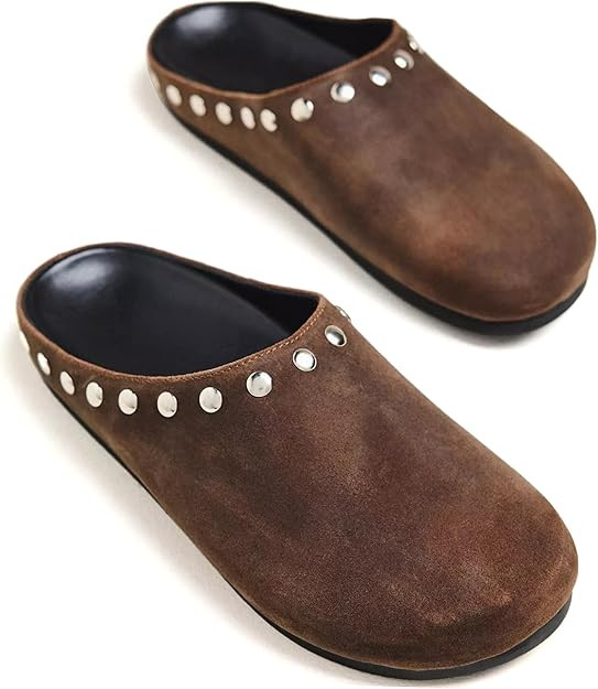 Suede Studded Clogs for Women Soft Round Closed Toe Slip On Flat Mules Fall Daily Shoes Closed To... | Amazon (US)