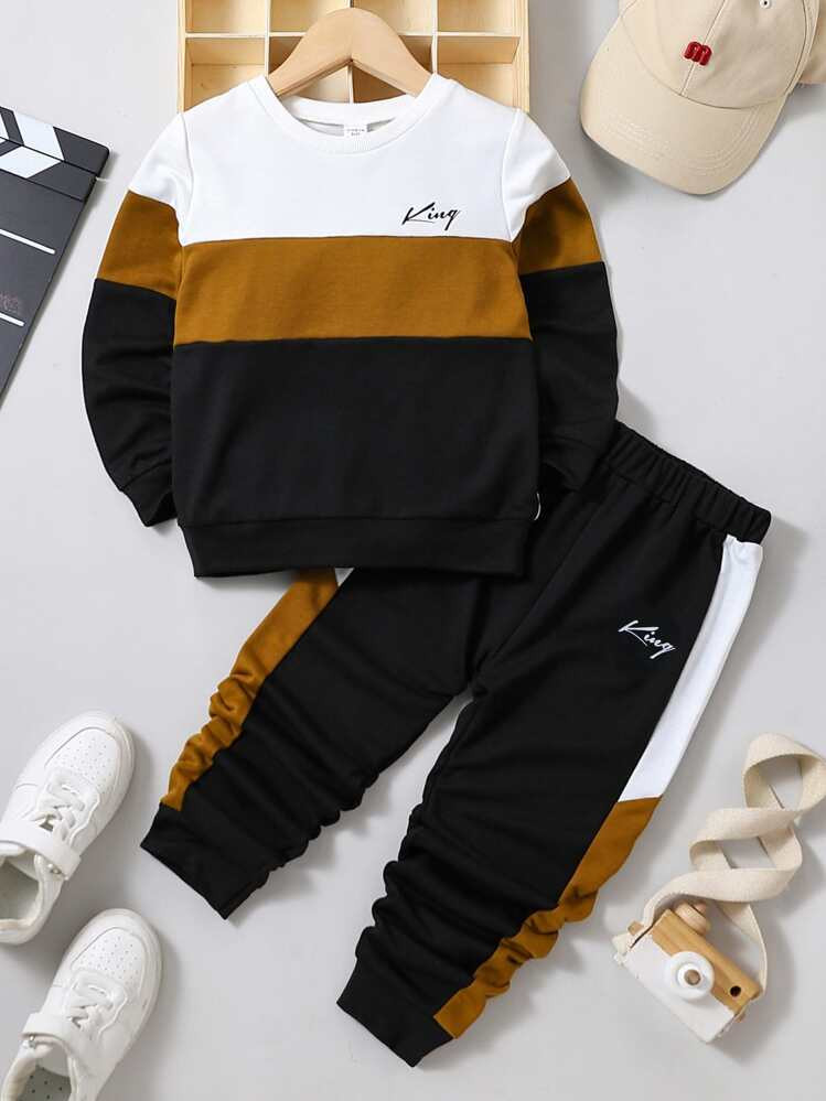 SHEIN Playful Pals Young Boy Letter Graphic Colorblock Sweatshirt & Sweatpants Chic Outfits For A... | SHEIN