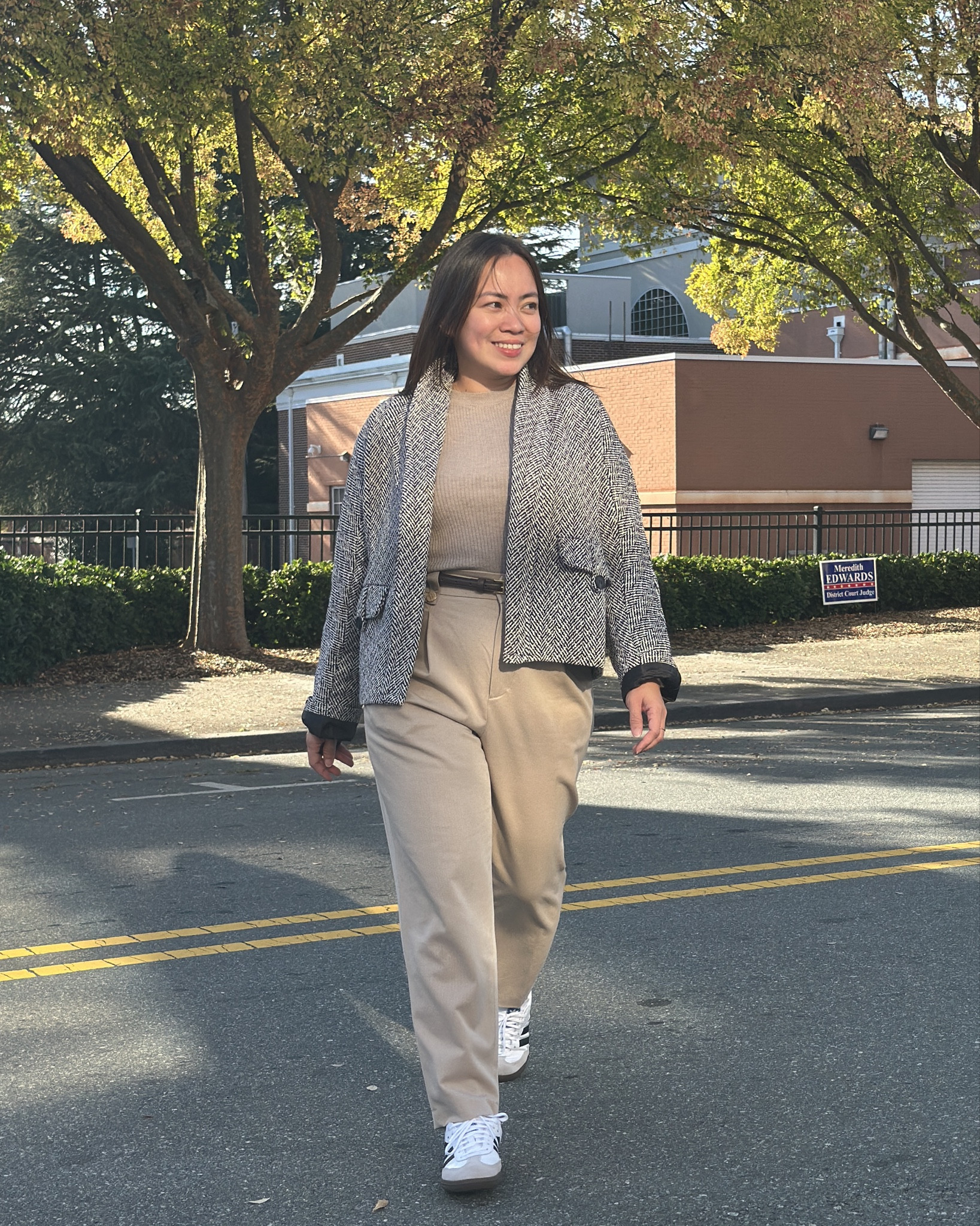 Polished and practical for petite frames! This tailored tweed jacket adds structure and sophistication, while neutral high-waisted pants elongate the legs for a sleek silhouette. Paired with a fitted taupe top and white sneakers, this outfit strikes the perfect balance between comfort and elegance—ideal for busy days when you want to look effortlessly put together. 

#LTKGiftGuide #LTKMidsize #LTKStyleTip