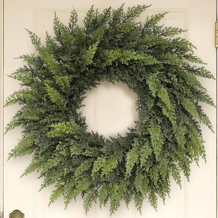 24" Real Touch Christmas Cedar Wreath - Artificial Cedar Wreaths Faux Green Fake Pine Needles Wre... | Amazon (US)