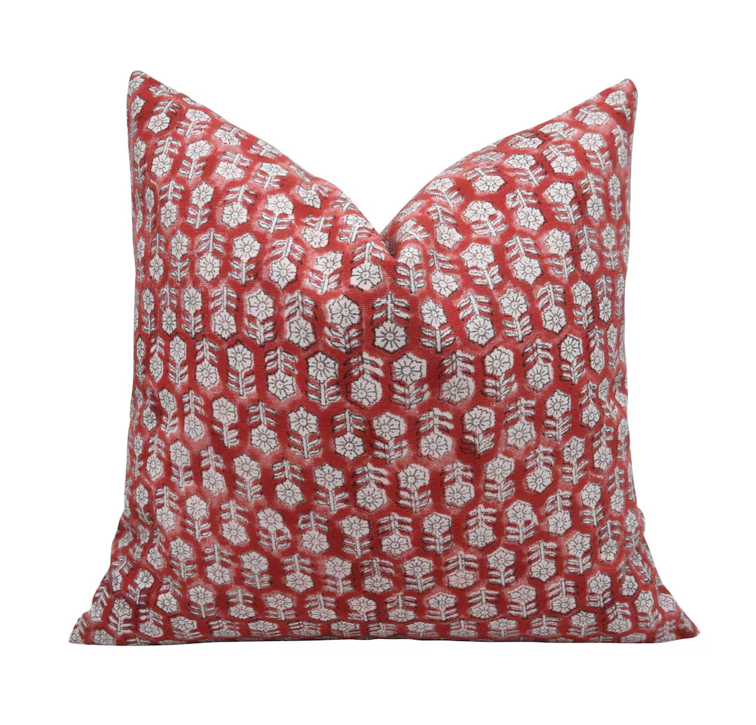 Handmade Block Print Pillow Cover: Red Floral Farmhouse Decor - Etsy | Etsy (US)
