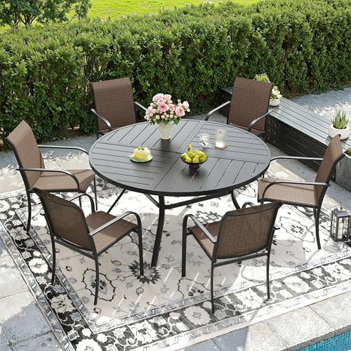 DIFY 7 Pieces Outdoor Patio Dining Set for 6, 50" Black Round Metal Dining Table and 6 Brown Stackable Sling Dining Chairs, Outdoor Table and Chairs for Lawn Garden Backyard Deck | Amazon (US)
