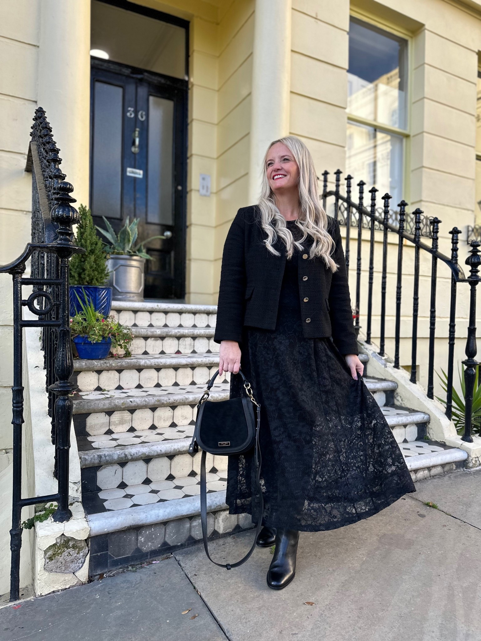 I’m wearing the beautiful Lana Pleated Dress and Margot V Neck jacket in black from @saintandsofia. I love the A-line full skirt on this dress (swipe to see it without the jacket) and it has box pleats and a nipped in waist to give it a really flattering shape. 

#LTKluxury #LTKdatenight #LTKdresses