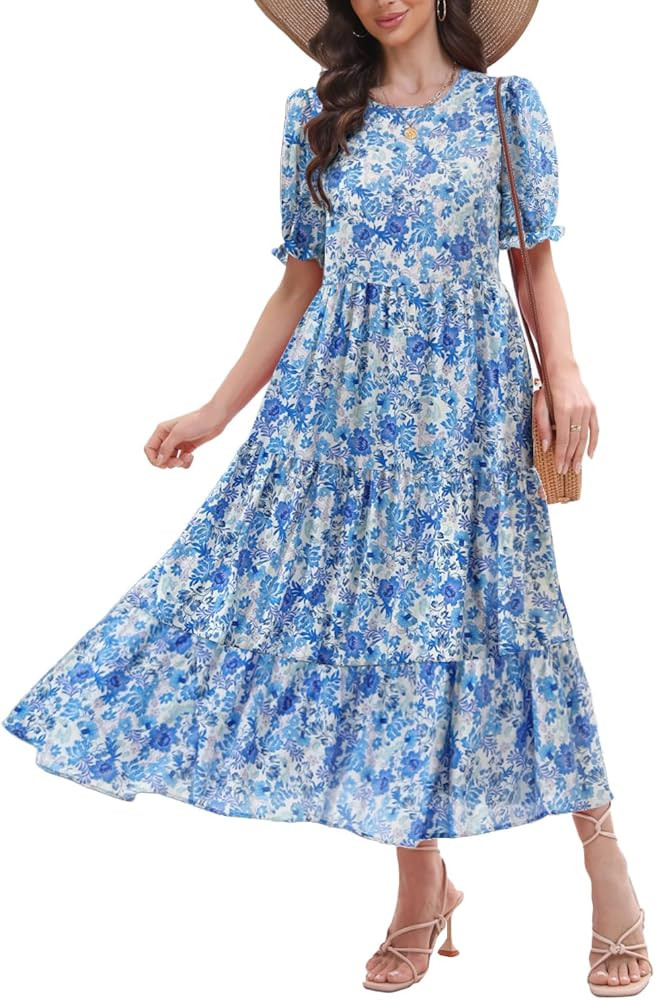 2025 Women’s Boho Floral Maxi Dress Flowy Beach Loose Long Dresses for Vocation | Amazon (US)