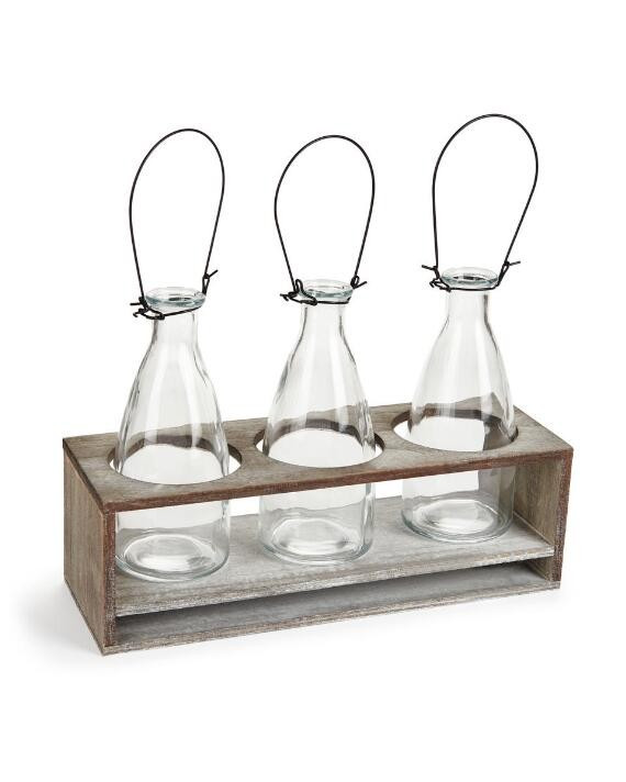 Glass Bottles in Grey Wood Holder | Stein Mart