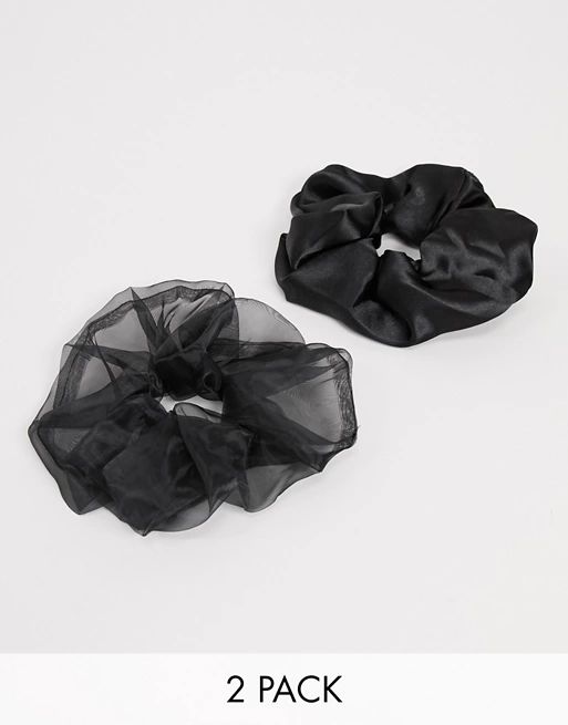 ASOS DESIGN pack of 2 super oversized satin and organza scrunchies in black | ASOS (Global)