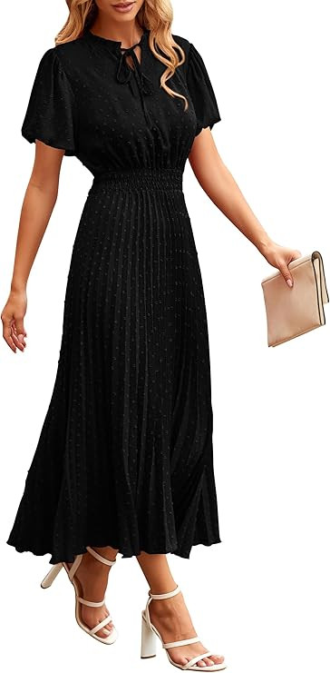 PRETTYGARDEN Womens Summer Midi Dresses Puff Short Sleeve V Neck Swiss Dot Pleated A Line Flowy L... | Amazon (US)