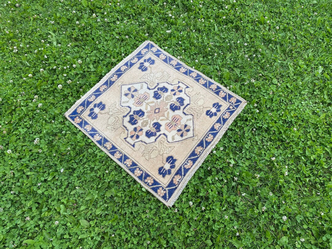 2x2 Oushak Rug, Small Persian Rug Blue, Wool Bath Mat Turkish, Square Vintage Rug, Oriental Door ... | Etsy (US)