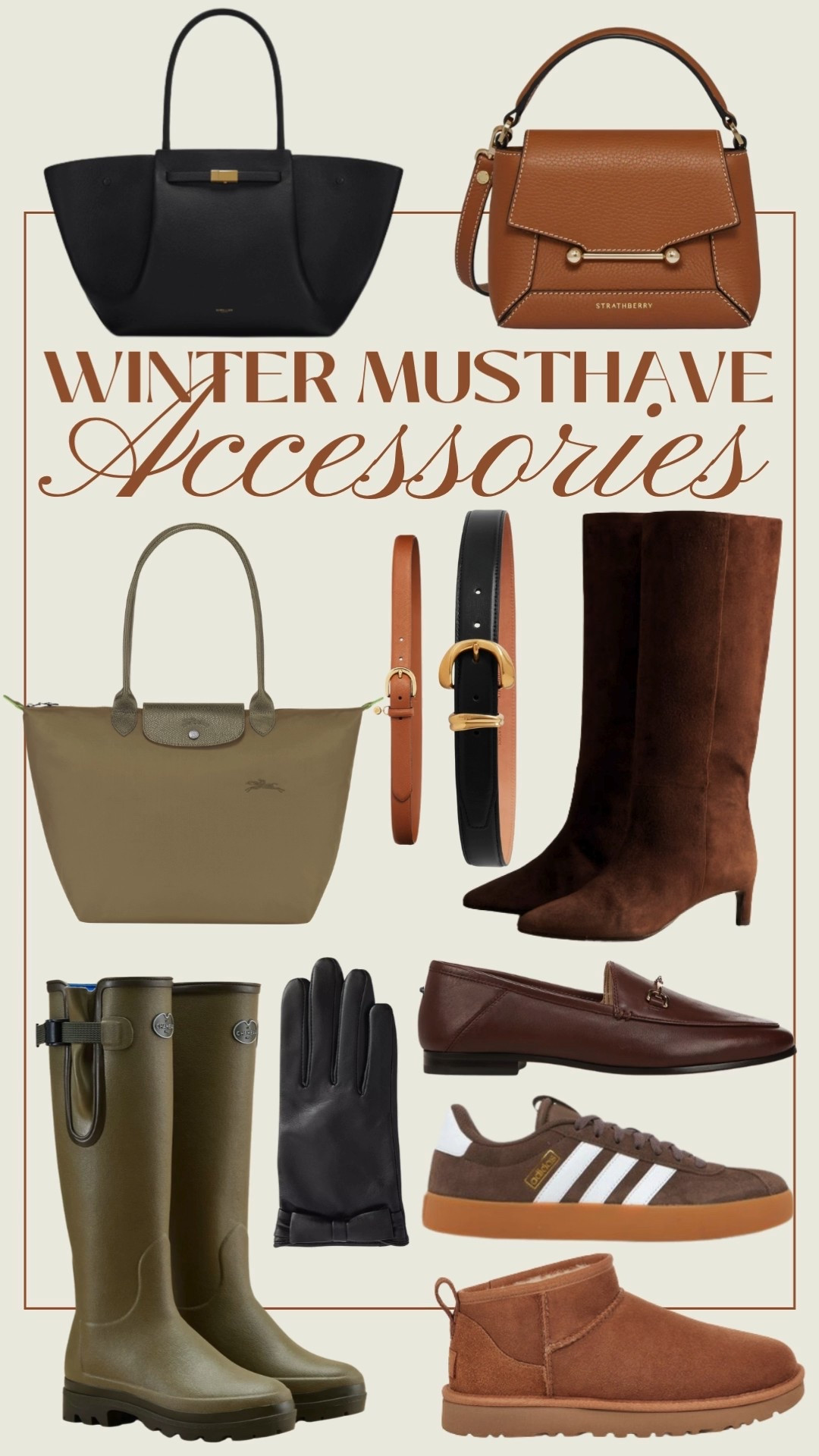 Winter must have accessories for the season including wellies for winter walks, trainers for running errands, suede boots for date night, and cosy UGG boots for everyday comfort. I’ve also added tan and black belts to finish off any outfit, must have bags for daily use, and chic gloves to elevate your winter look. Perfect for gifting, adding to your wish list, or refreshing your wardrobe for the colder months.

#LTKshoes #LTKbag #LTKuk