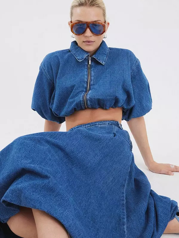 River Island Puffball Denim Top - Blue | Very (UK)