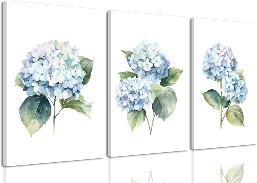 PhexlyArt 3 Piece Blue Hydrangea Canvas Wall Art Blue Floral Wall Art Watercolor Botanical Pictur... | Amazon (US)