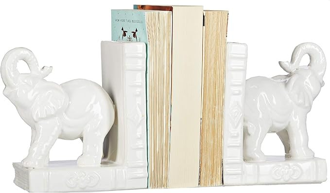 Contemporary Home Living Set of 2 White Unique Animalistic Elephant Book Ends, 8" | Amazon (US)