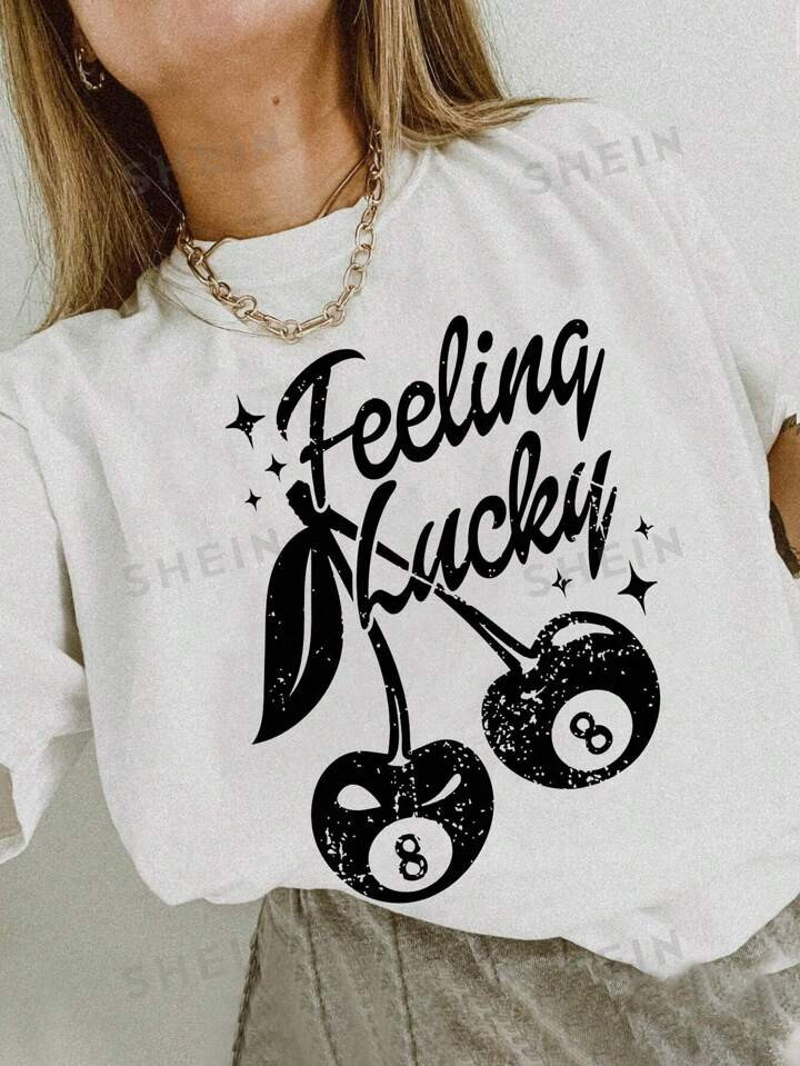 SHEIN EZwear Plus Size Women's Summer Letter & Cherry Graphic Print Casual Short Sleeve T-Shirt |... | SHEIN