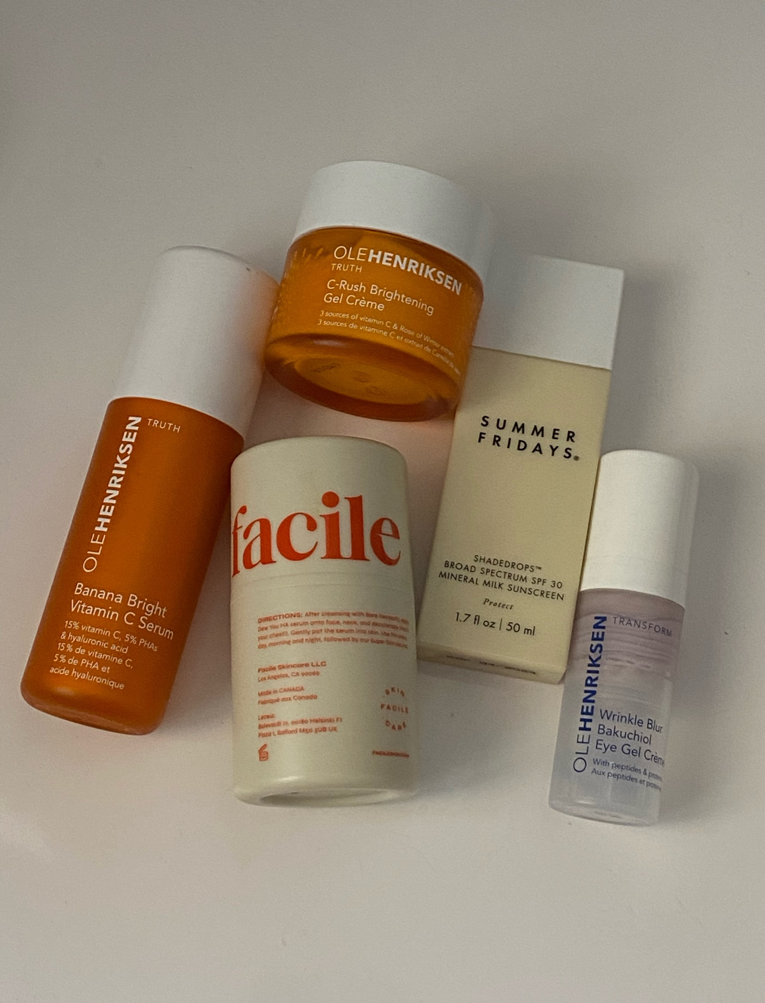 my everyday skincare essentials including ole henriksen vitamin c cream, moisturizer eye cream, summer fridays sunblock and facile  hyaluronic acid #skincare #beauty

#LTKbeauty #LTKitbag #LTKunder100
