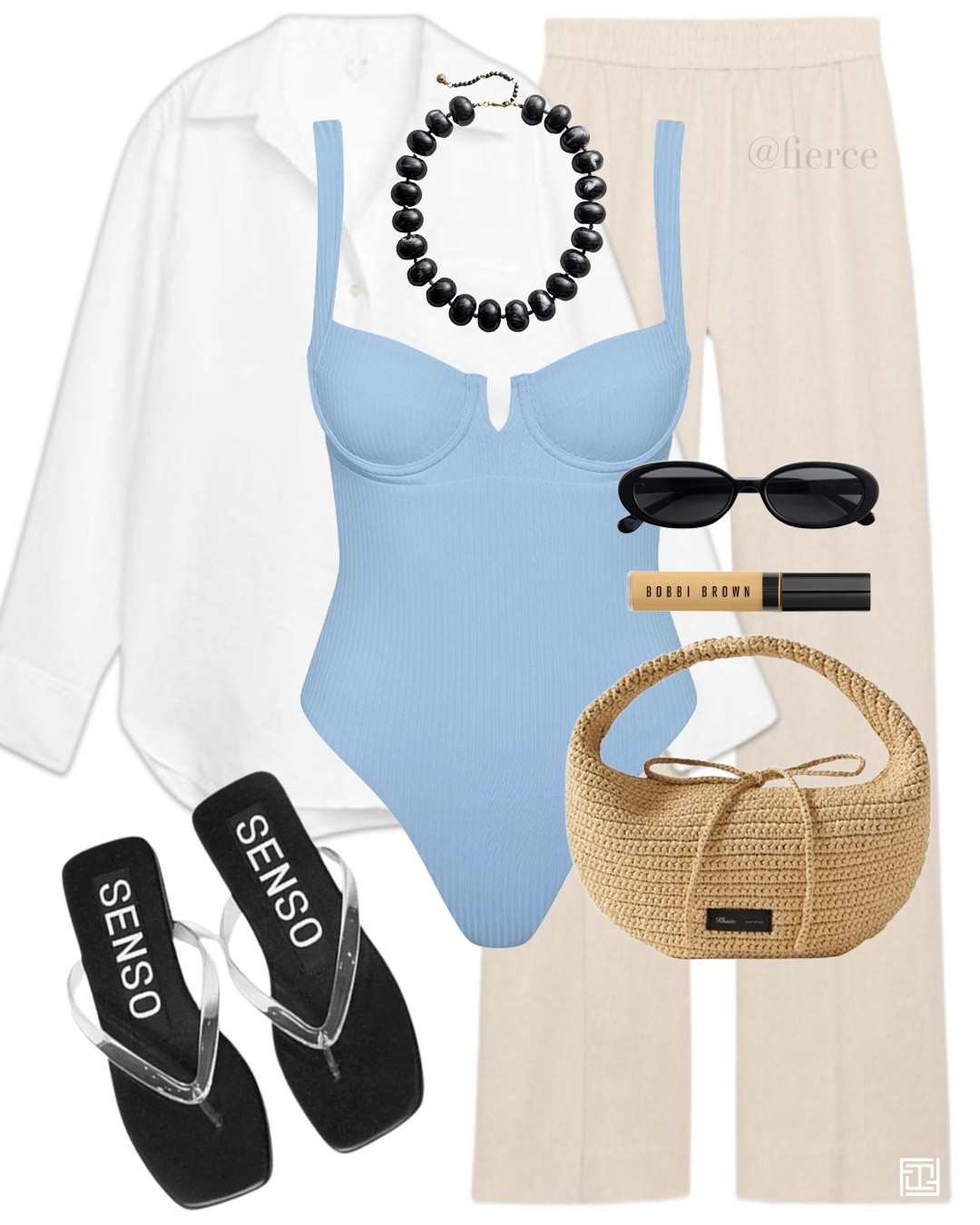 Blue swimsuit white linen shirt cream linen trousers black and clear jelly sandals black pearls beaded necklace raffia bag resort wear beach holiday vacation

#LTKuk #LTKsummer #LTKswimwear