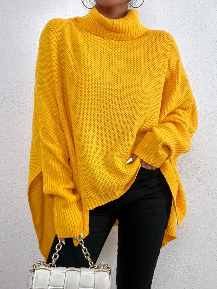 Funnel Neck Batwing Sleeve High Low Sweater | SHEIN