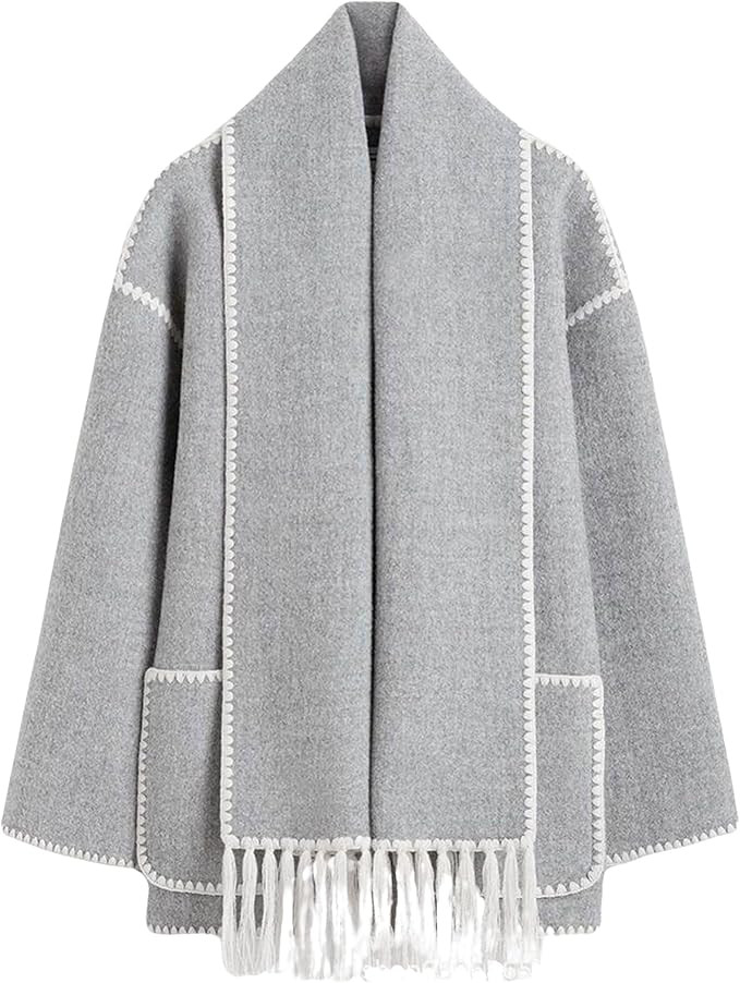 WEQULE Women's Scarf Jacket Embroidered Oversized Crewneck Button Down Wool Blend Coat with Pocke... | Amazon (US)