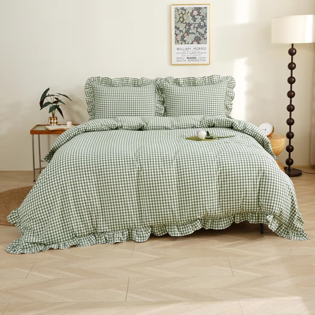 Sage Green/White Plaid Ruffle Duvet Cover Queen Size,100% Washed Cotton 3 Pcs Vintage Checkered C... | Amazon (US)