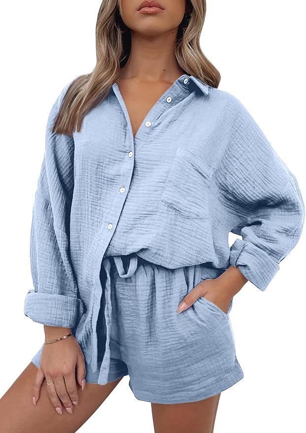 AUTOMET 2 Piece Outfits For Women Lounge Sets Pajama Sets Long Sleeve Button Down Oversized Shirt... | Amazon (US)