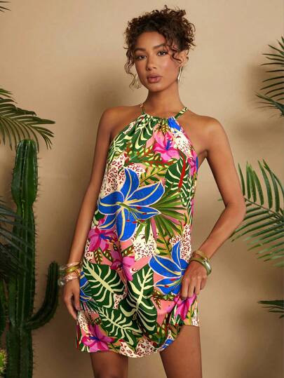 Travachic Vacation Open Shoulder Loose Printed Mini Dress For Women,Spring&Summer,Valentines Outf... | SHEIN