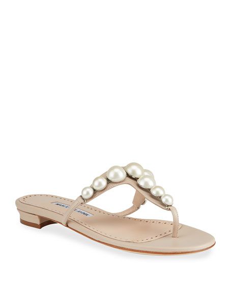 Manolo Blahnik Perlosa Pearly Stud Flat Thong Sandals | Neiman Marcus