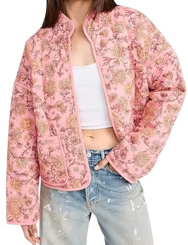 COZYPOIN Women Floral Printed Quilted Jacket Colorblock Lightweight Padded Jacket Puffer Coat Outwear(Floral-S) | Amazon (US)