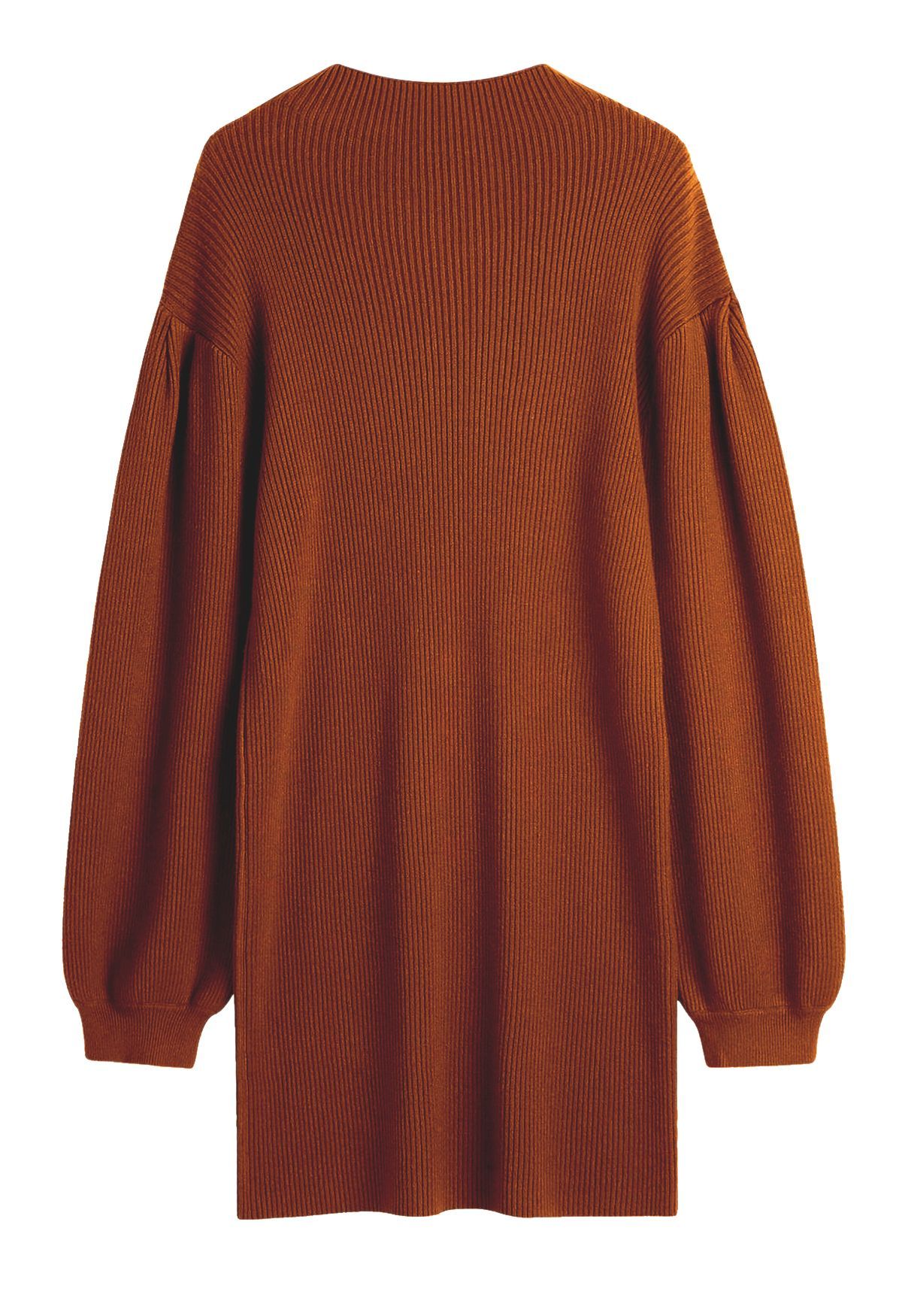 Lantern Sleeve Round Neck Ribbed Sweater Dress in Caramel | Chicwish