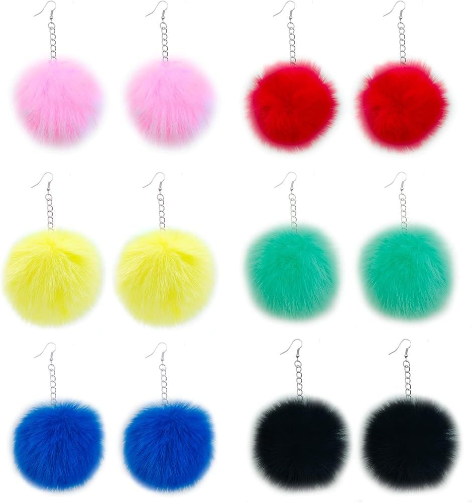 6 Pairs Pom Pom Earrings for Women Faux Fur Ball Fluffy Earrings Colourful Pom Earrings for Teen ... | Amazon (US)