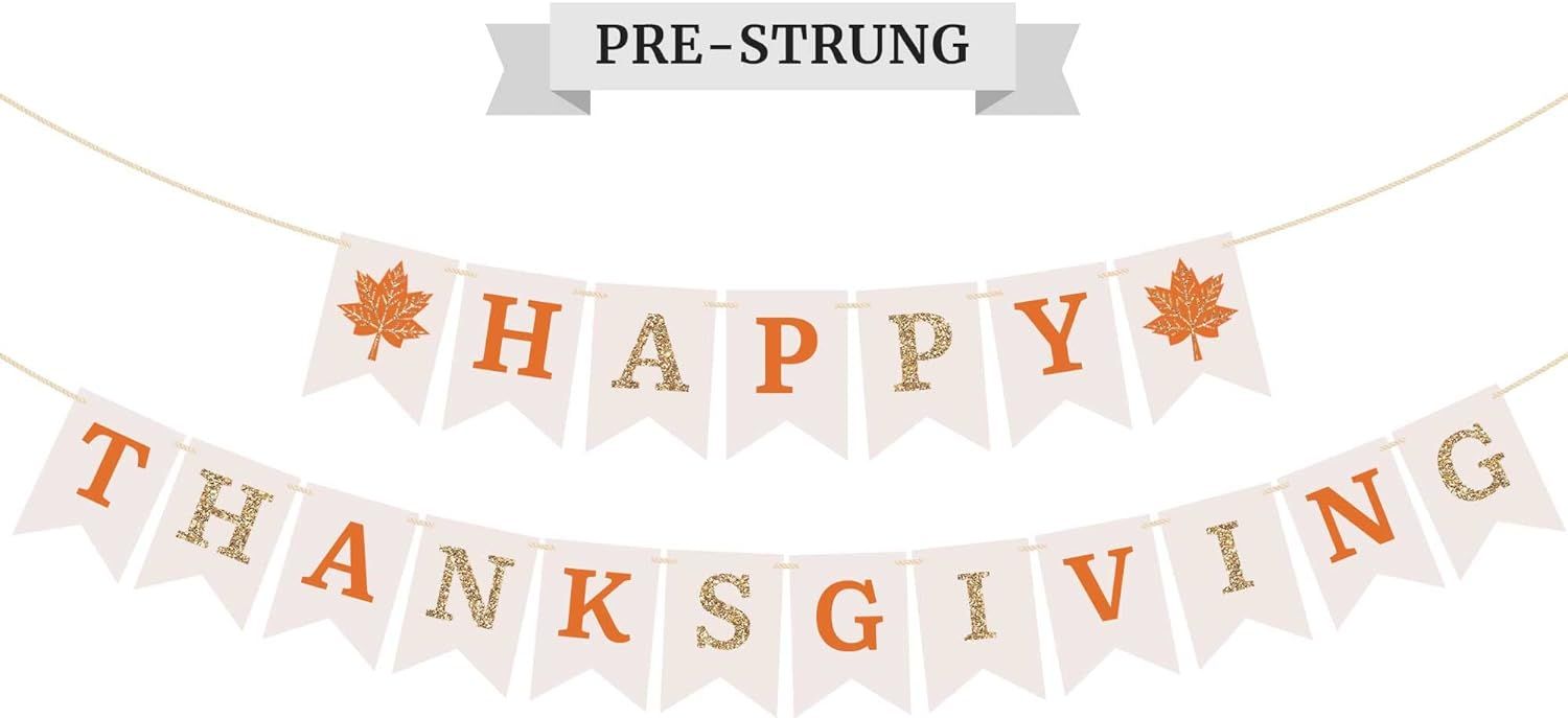 Pre-Strung Happy Thanksgiving Banner - NO DIY - Thanksgiving Banner with Gold Glitter Details - P... | Amazon (US)